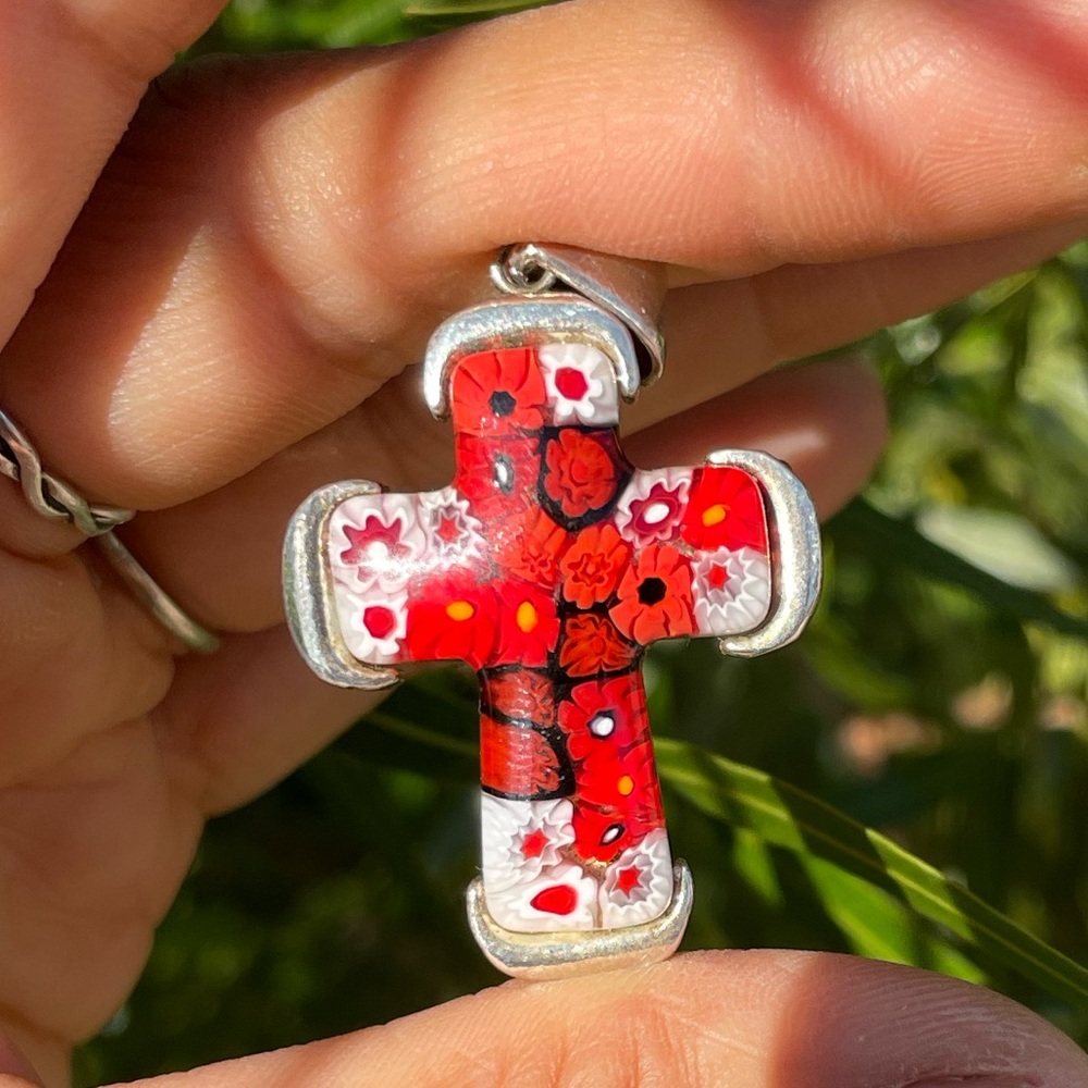 Handmade in Murano, Italy Millefiori glass cross 925 sterling silver pendant - Picture 6 of 16
